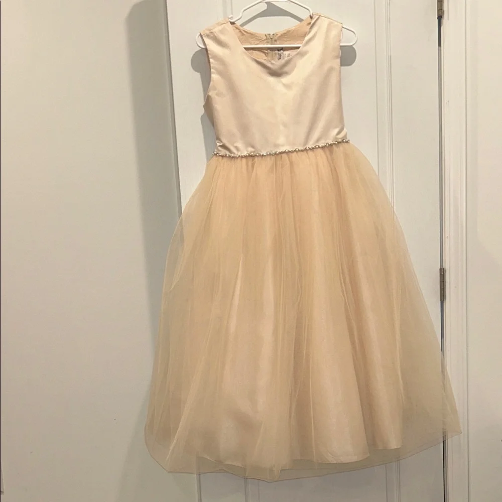 Kid’s Dream Satin Top Girls Dress with Wavy Rhinestone & Pearl Trim, Size 18.5